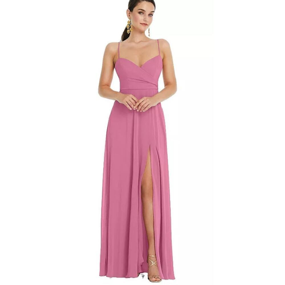 Lovely Adjustable Strap Wrap Bodice Maxi Dress with Front Slit Pink Size 2R